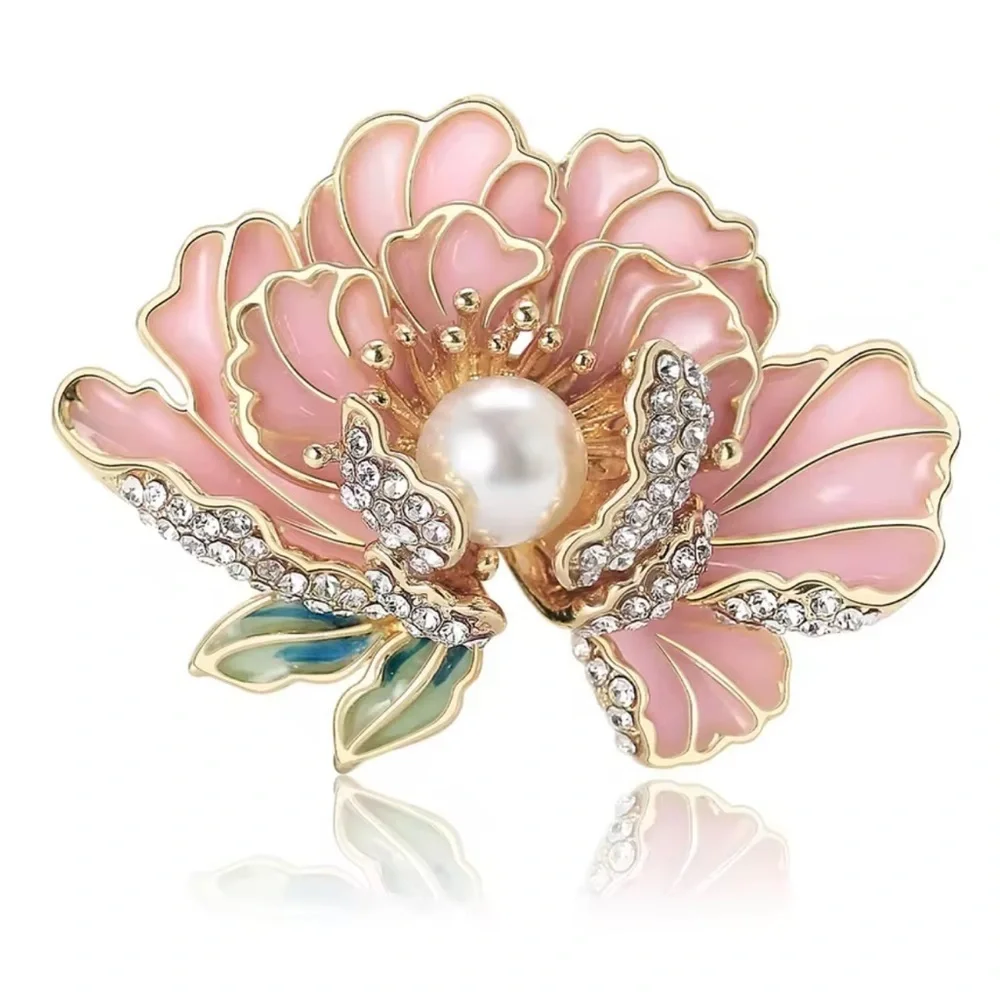 Blush Elegance Pearl & Crystal Floral Brooch